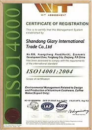 ISO 14000 certification for Shandong Glary International Trade Co., Ltd, ensuring compliance with environmental management standards