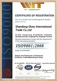 ISO 9000 certification for Shandong Glary International Trade Co., Ltd, ensuring compliance with quality management standards