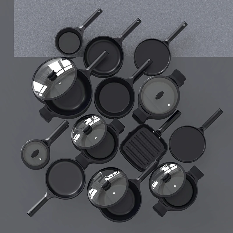 complete cookware set overhead view Nonstick 12-Piece Black Die Casting Aluminium Cookware Set