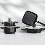 hard anodized black classic nonstick aluminium cookware set full size display Classic Black Nonstick Aluminium Cookware Set with Full Size